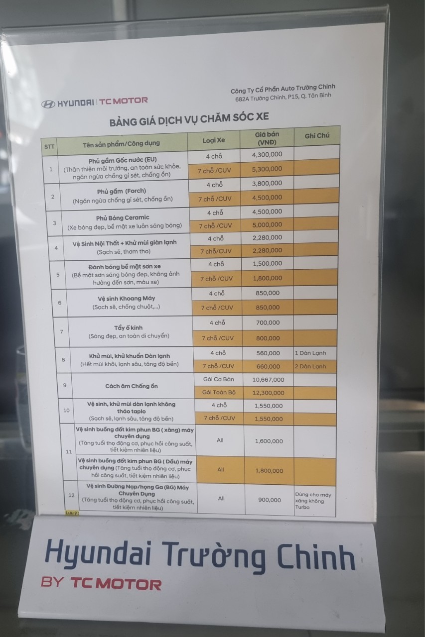 bảng giá dịch vụ chăm sóc xe tại hyundai trường chinh | hyundai trường chinh